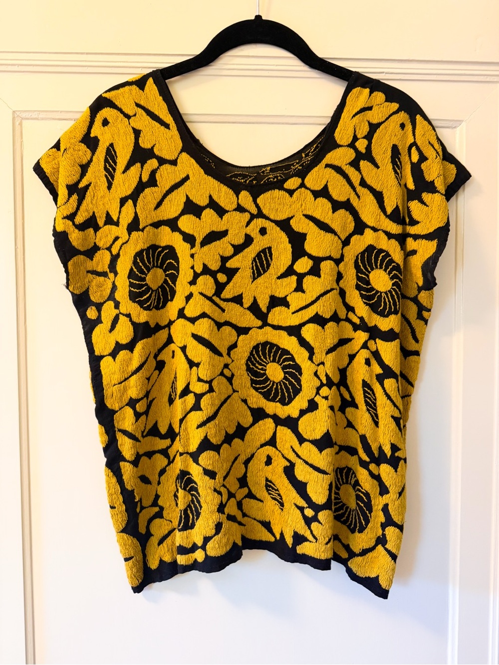 Women's Black & Yellow Floral Mexican Embroidered Top